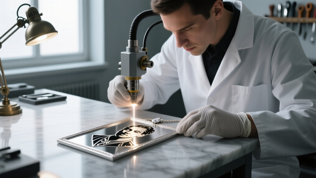 Jeweler operating a fiber laser to etch a high-contrast photo onto a polished stainless steel picture necklace blank on a workbench.