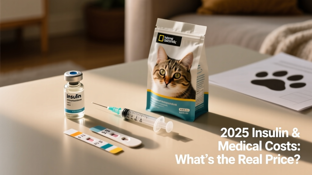 Close-up of insulin vial, syringe, glucose test strips, and prescription cat food arranged neatly on a clean surface