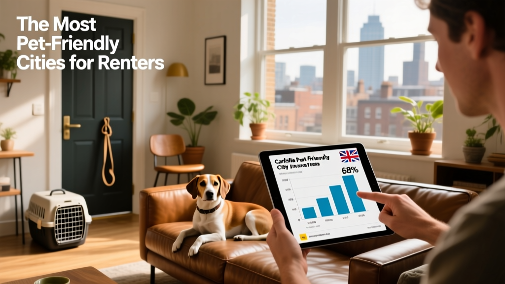 Bar chart showing Carlisle as the least pet-friendly UK city, with 68% of landlords declining pets
