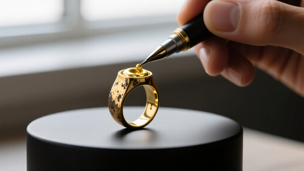 Jeweler using a miniature electrolytic pen tool to apply fresh 18k yellow gold onto a worn, tarnished brass cocktail ring