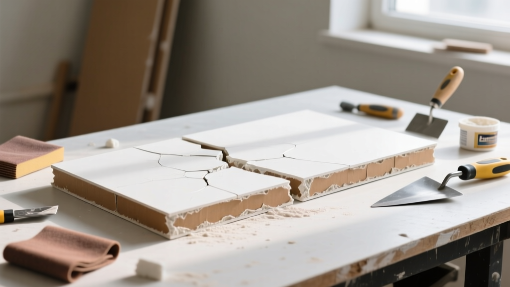 Cross-section of a broken gypsum board revealing the white calcined gypsum core and brown paper backing on a workbench with repair tools