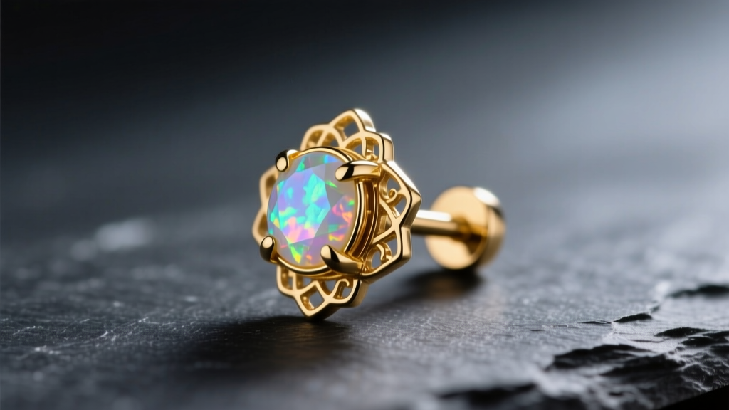 16-gauge solid gold daith clicker with an opal gem on dark slate under soft studio lighting, showing intricate metalwork and hinge.