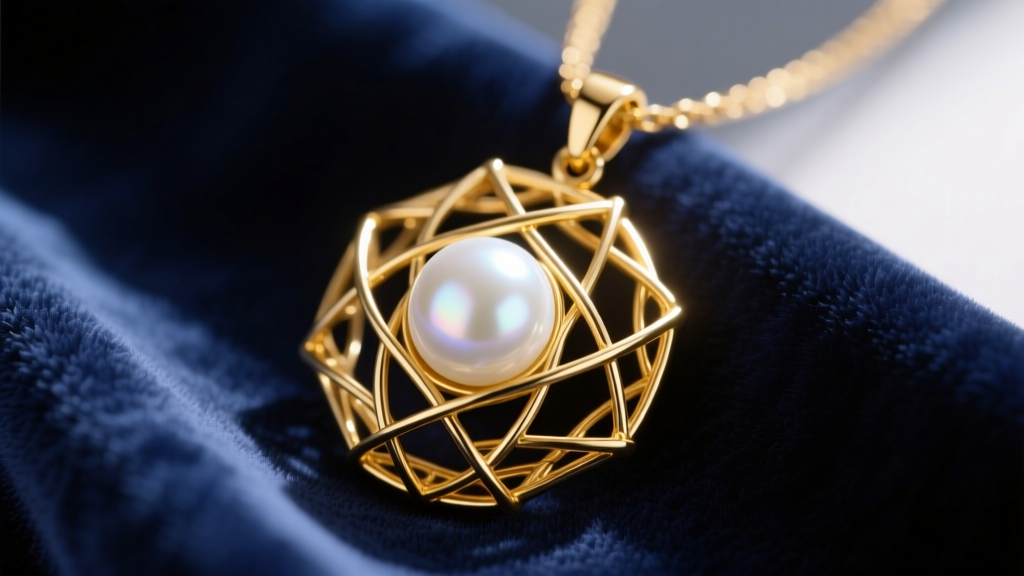 Close-up of a 14k yellow gold geometric wire cage pendant enclosing an 8mm white Akoya pearl, resting on dark navy velvet fabric