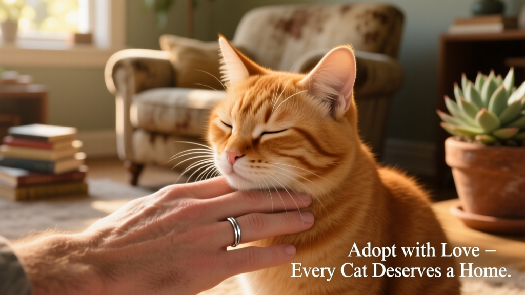 A gentle close-up of a blind cat nuzzling a human hand, eyes softly closed