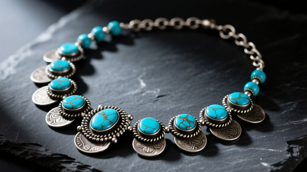 Vintage Native American squash blossom necklace featuring oxidized coin silver and natural blue turquoise laid flat on dark slate