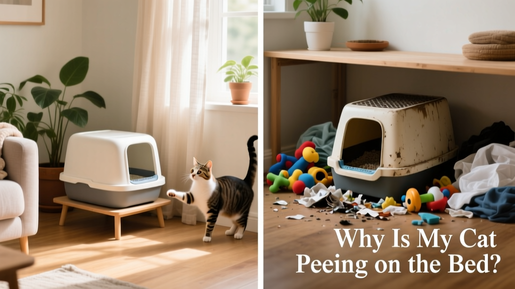 Side-by-side comparison of a clean, well-placed litter box and a cluttered, poorly located one