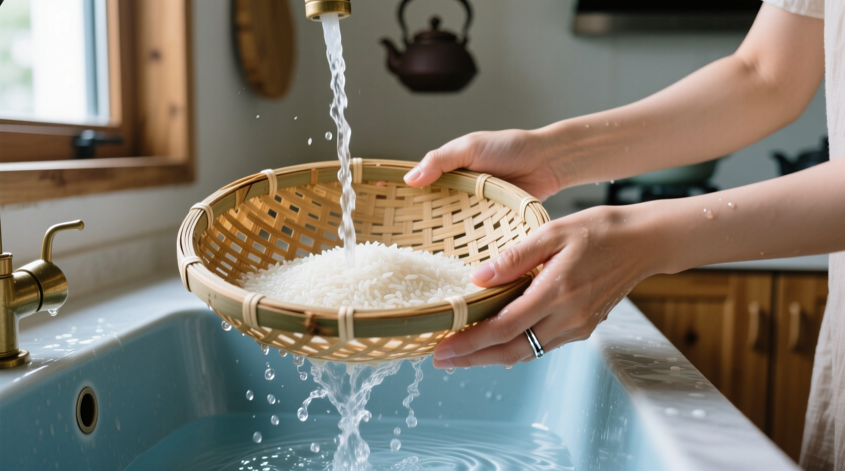 Hand rinsing rice in bamboo sieve over sink