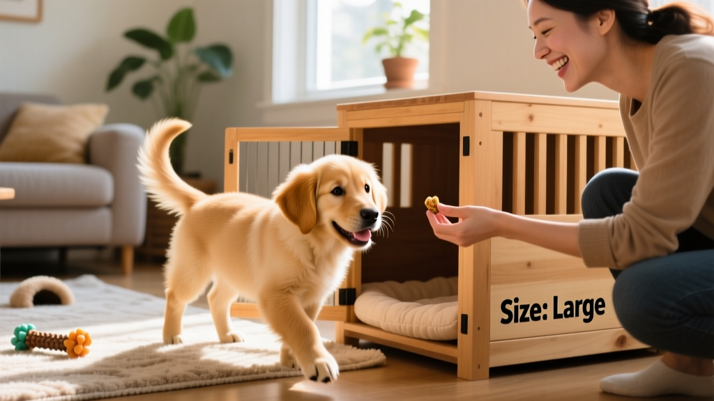 A happy puppy stepping out of a crate after a successful potty break, with owner offering a treat and gentle praise