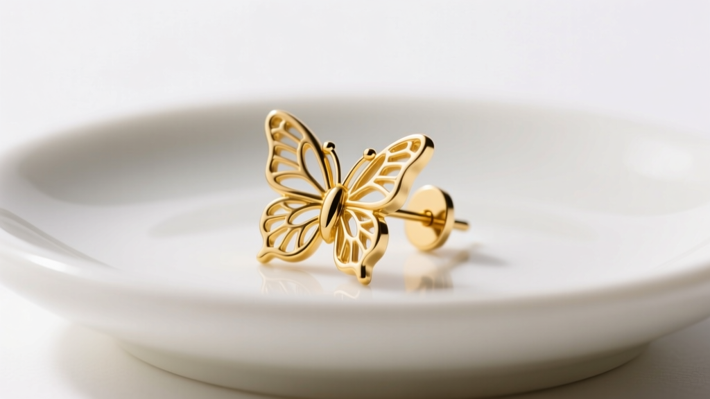 Macro shot of a 14k yellow gold butterfly earring back and friction post resting on a white ceramic dish under soft studio lighting.