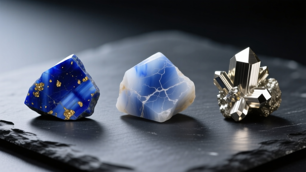 Side-by-side comparison of genuine lapis lazuli chips with pyrite next to dyed howlite imitations on a dark slate surface.