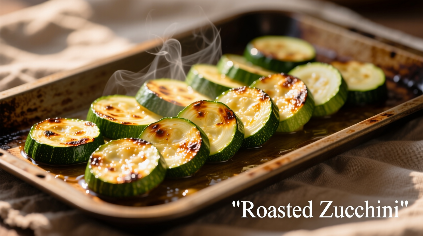 Perfectly roasted zucchini slices on baking sheet