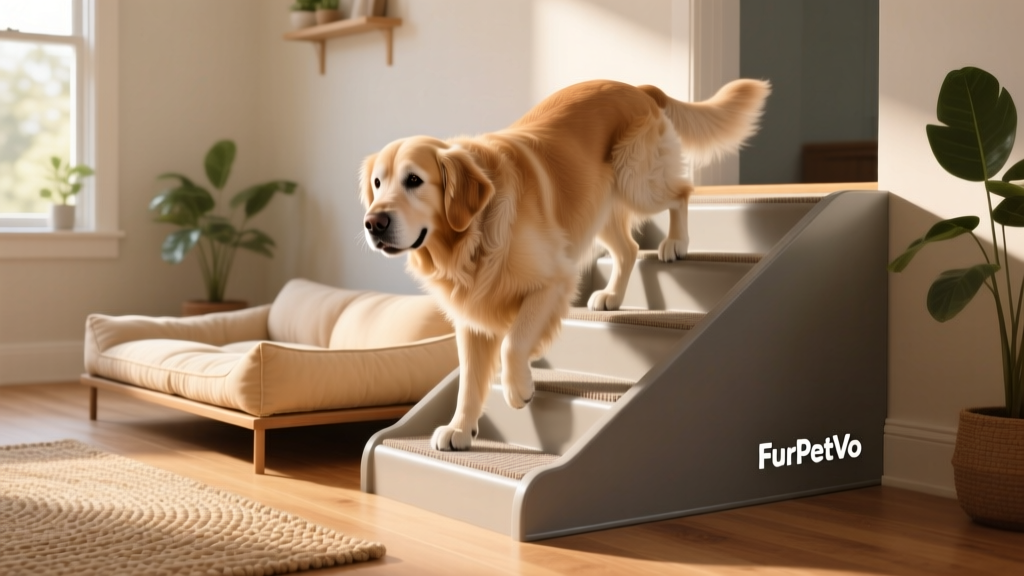 Senior golden retriever using FurPetVo stairs to access a raised dog bed with visible ease and comfort