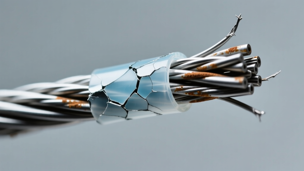 Macro shot of a frayed 49-strand steel beading wire with peeling clear nylon coating, lit by studio lights to show metal fatigue.