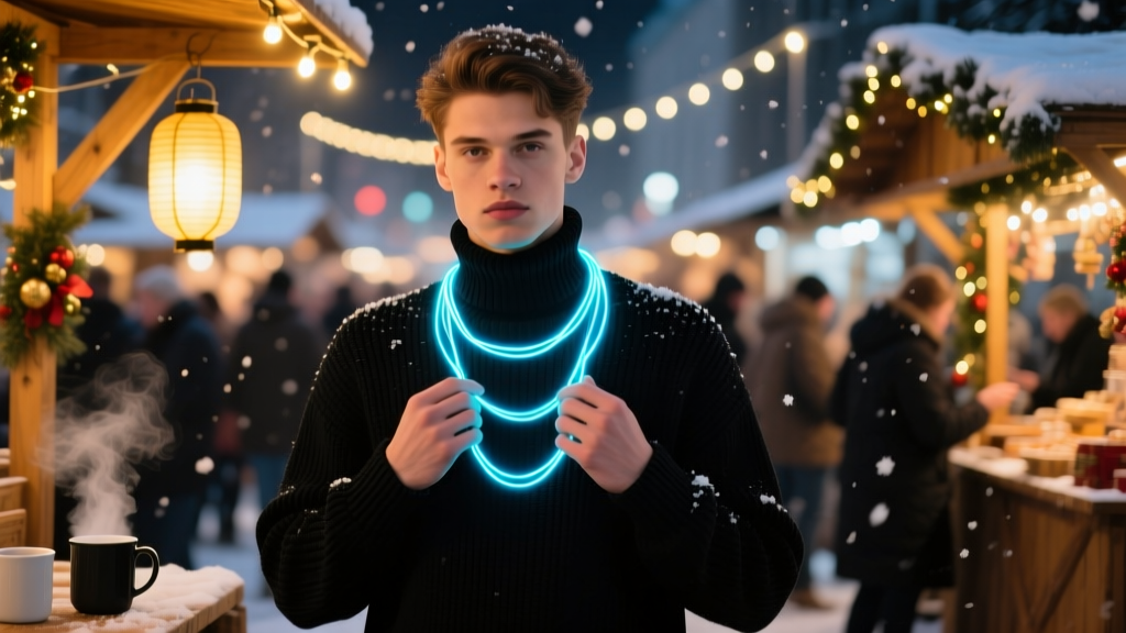 Streetwear enthusiast layering an electroluminescent wire necklace over a black turtleneck sweater at a nighttime holiday market