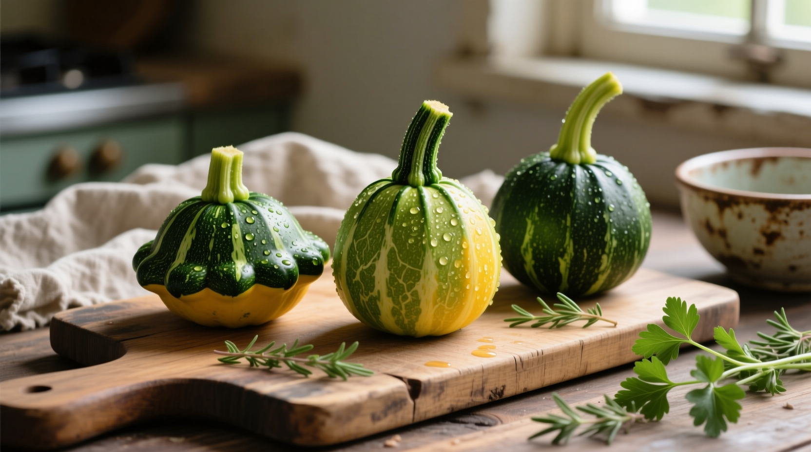 Fresh patty pan squash varieties on wooden cutting board