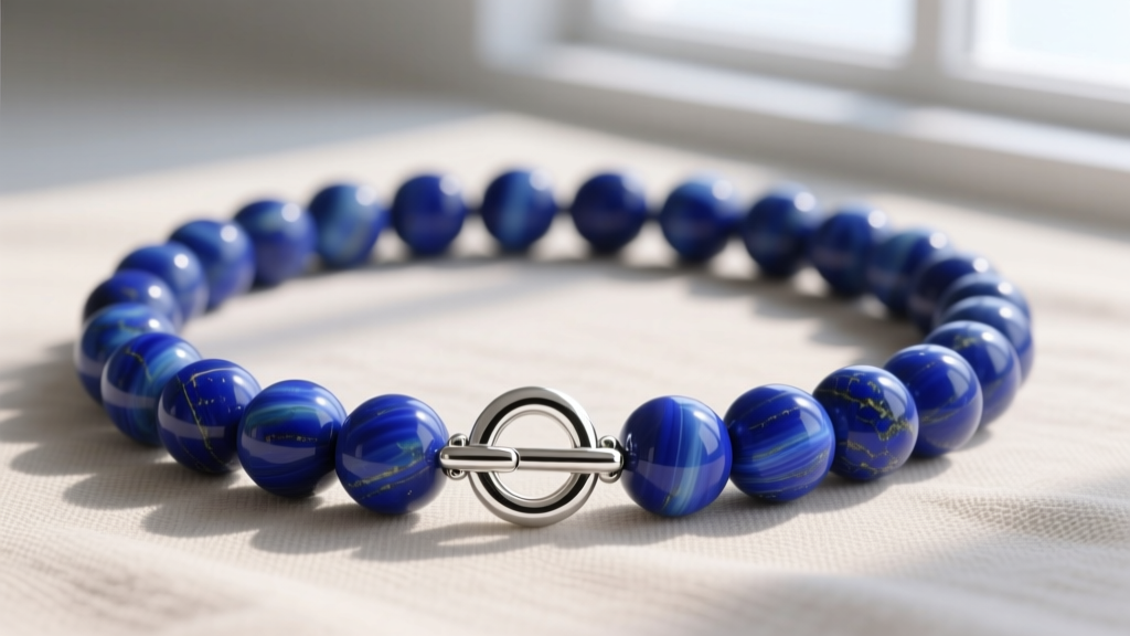 Close-up of hand-knotted lapis lazuli bead necklace with 8mm round stones and a sterling silver toggle clasp on neutral linen.