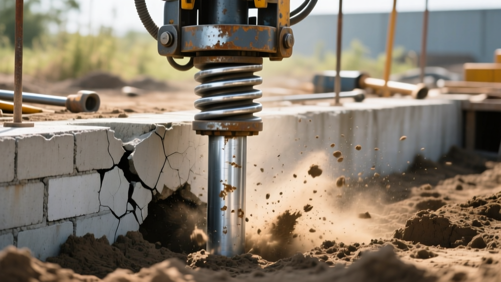 Heavy-duty hydraulic ram driving a galvanized steel push pier into dense clay soil beneath a cracked concrete block foundation wall