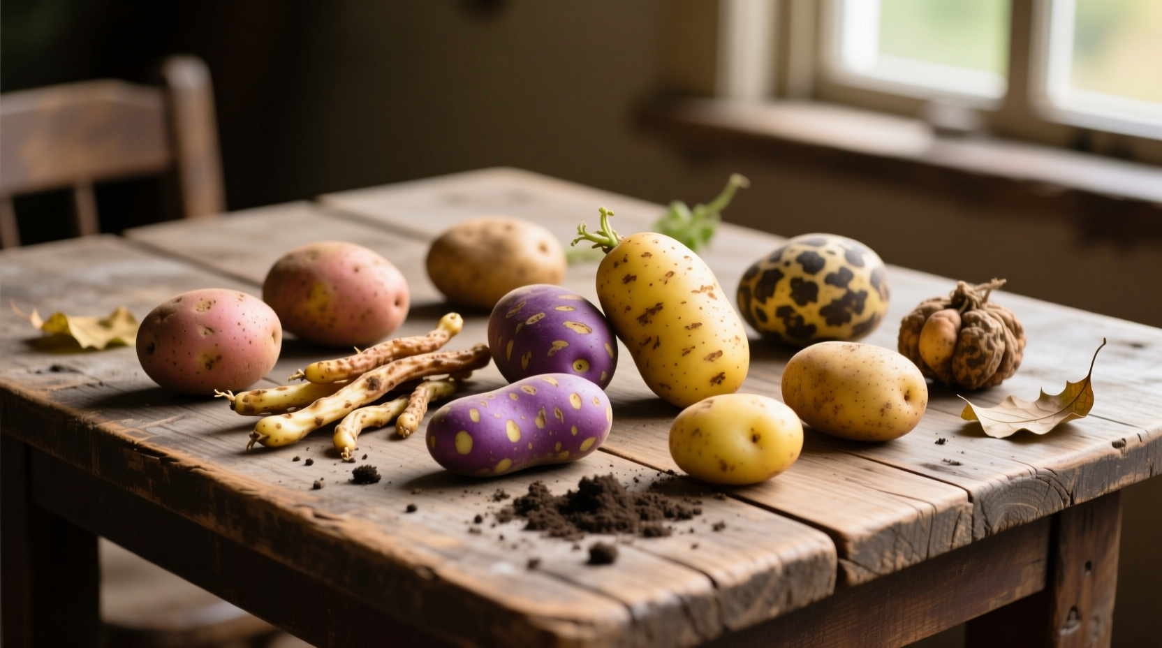 Potato varieties displayed on wooden table
