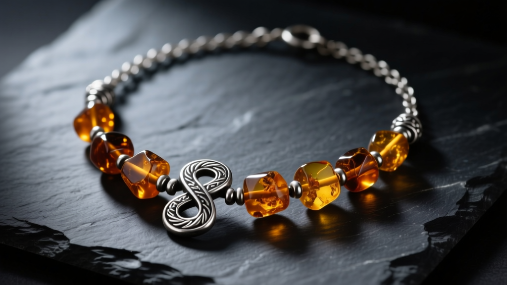 Oxidized silver Brisingamen necklace with raw amber beads resting on dark slate under moody, directional studio lighting.