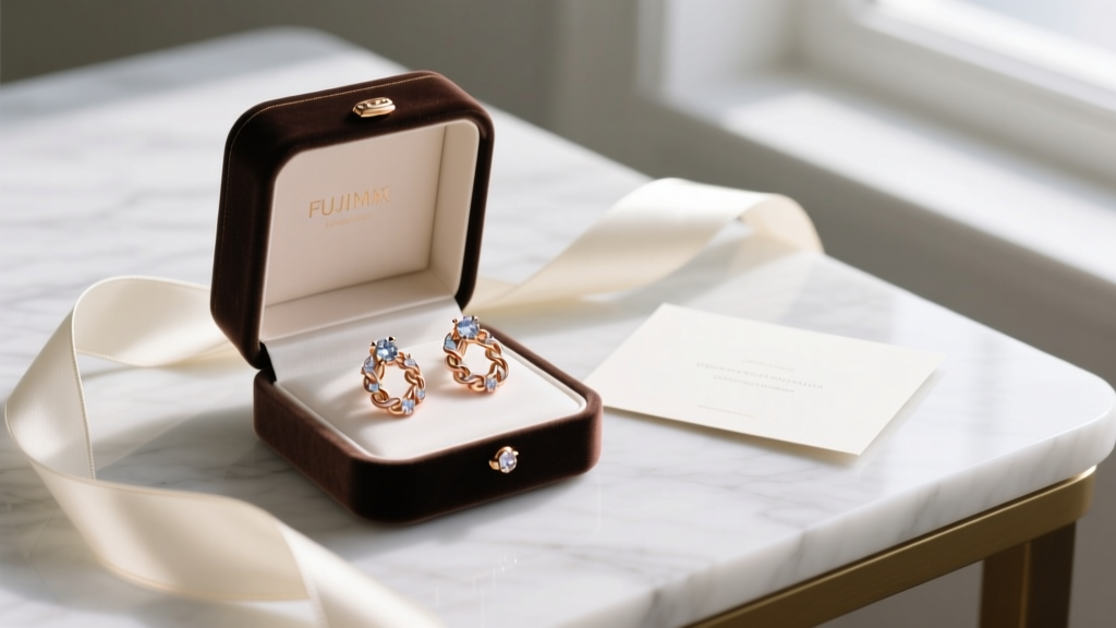 Open velvet gift box revealing rose gold diamond chain earrings, surrounded by a silk ribbon and a greeting card on a marble desk.