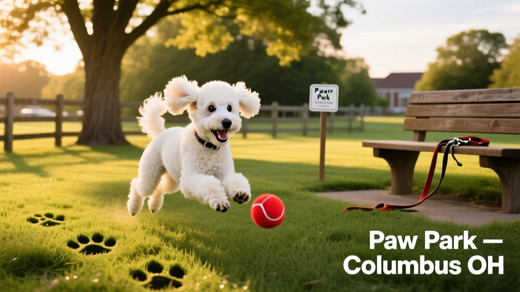 A poodle happily playing fetch in a grassy, fenced dog park with trees and benches nearby
