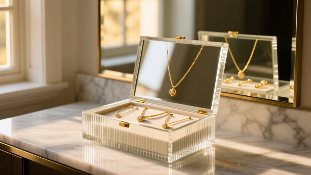 Fluted glass stand up jewelry box with mirror on a marble vanity, reflecting warm light and a curated gold necklace collection.