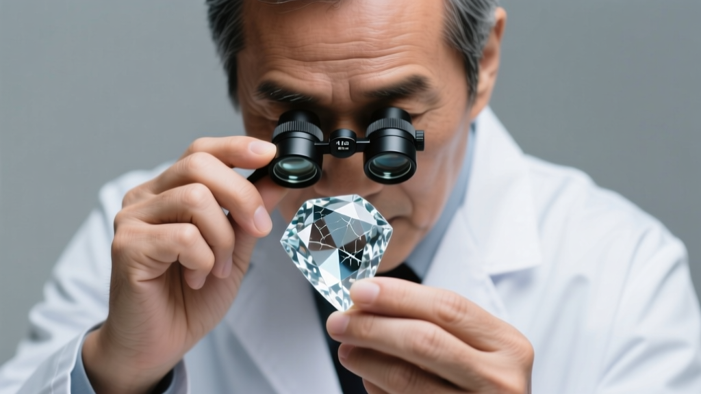 Gemologist examining a paste gemstone with a 10x loupe, revealing microscopic facet abrasions under bright studio lighting.