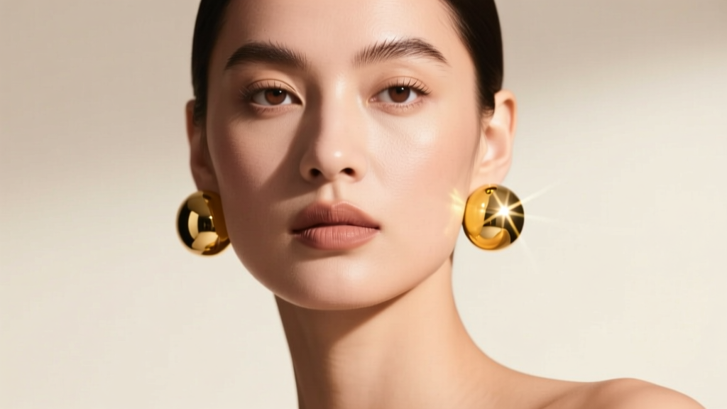 Model wearing 20mm polished 14k yellow gold ball earrings, studio light reflecting off the mirror finish, soft neutral backdrop.