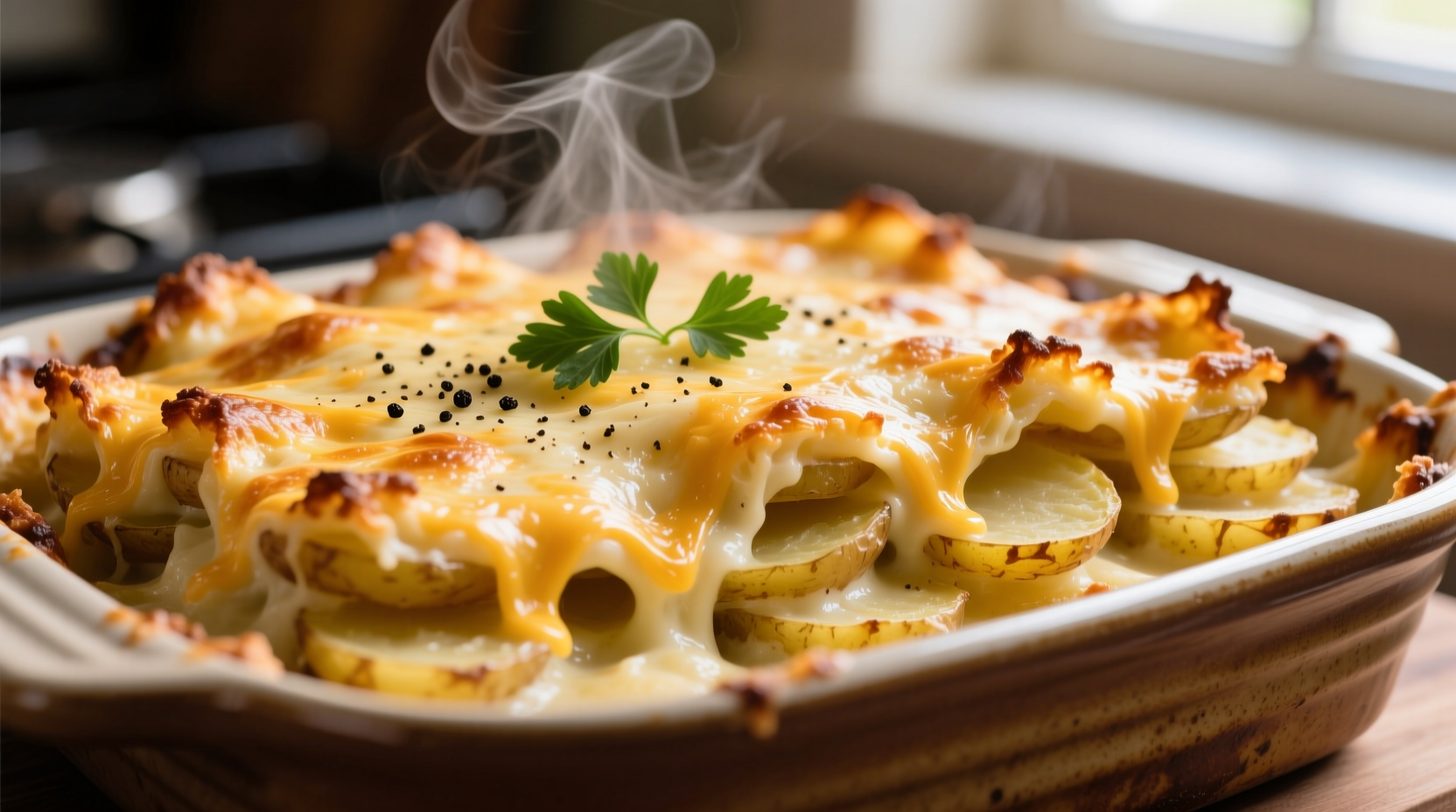 Golden baked scalloped potatoes with melted cheese topping