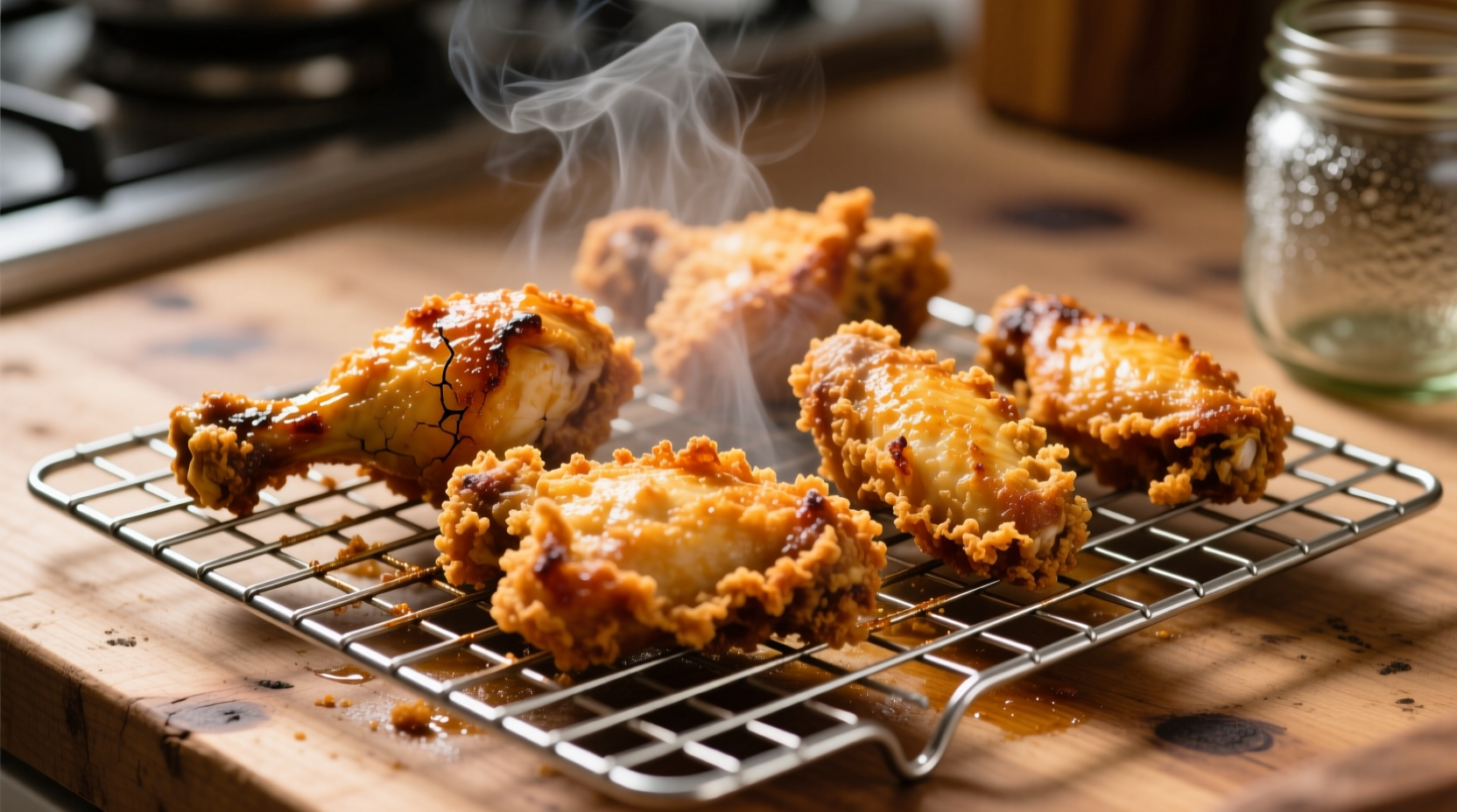 Crispy reheated fried chicken on wire rack