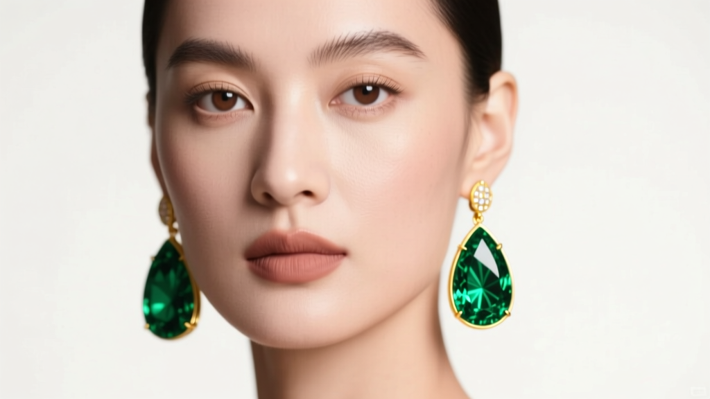 Close-up of a model wearing large teardrop emerald and 18k yellow gold statement earrings, soft studio lighting, elegant mood.