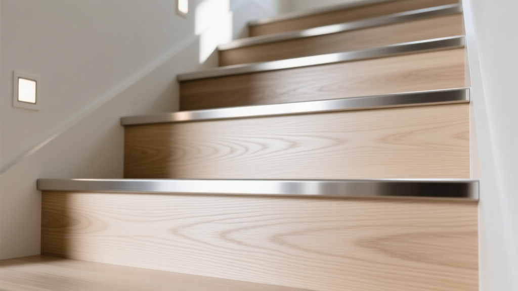 Close-up of a solid white oak stair tread with an aluminum oxide finish and matching bullnose nosing installed on a modern wooden staircase