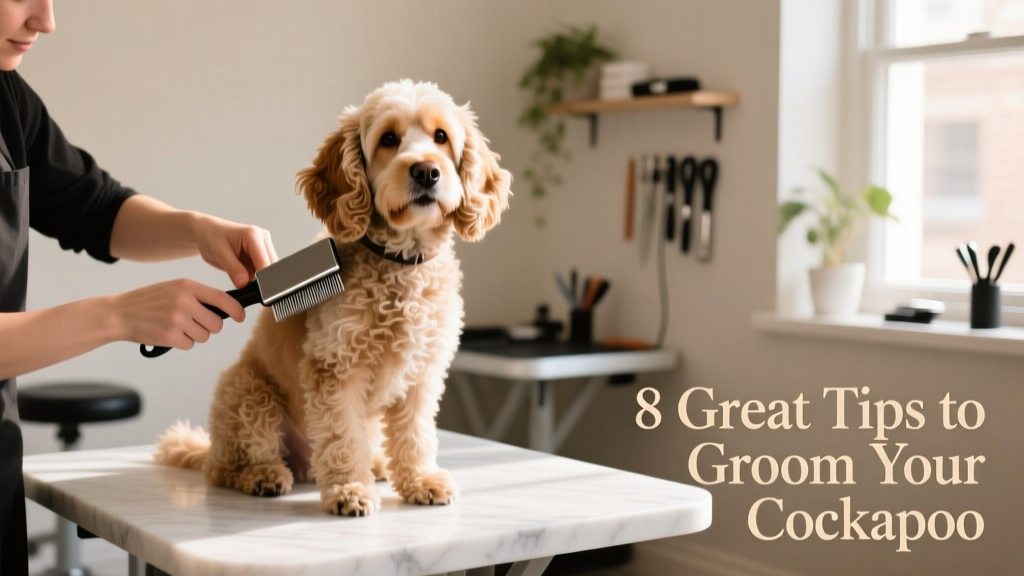 Cockapoo sitting calmly on a grooming table while being brushed with a slicker brush
