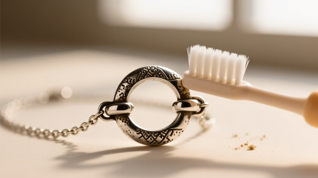 Macro shot of an oxidized silver necklace clasp showing slight tarnish, being gently brushed with a soft-bristled baby toothbrush.