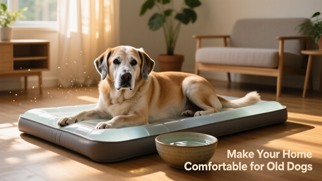 Senior dog lying on a cooling gel bed beside a bowl of fresh water in a breezy, shaded room