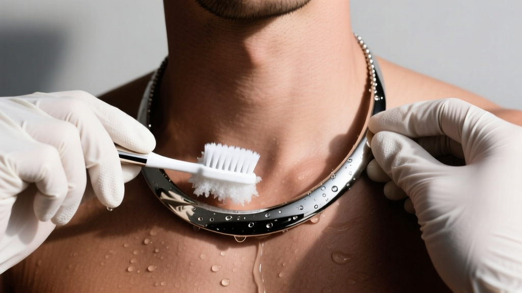 A pair of nitrile-gloved hands gently scrubbing a stainless steel 22 inch mens necklace with a soft toothbrush and soapy water.