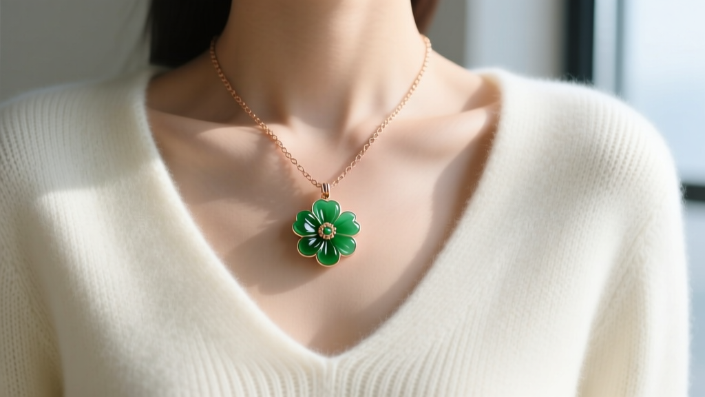 Close-up of V-neck sweater showing an 18-inch rose gold chain with a carved green jade floral pendant resting on the collarbone.