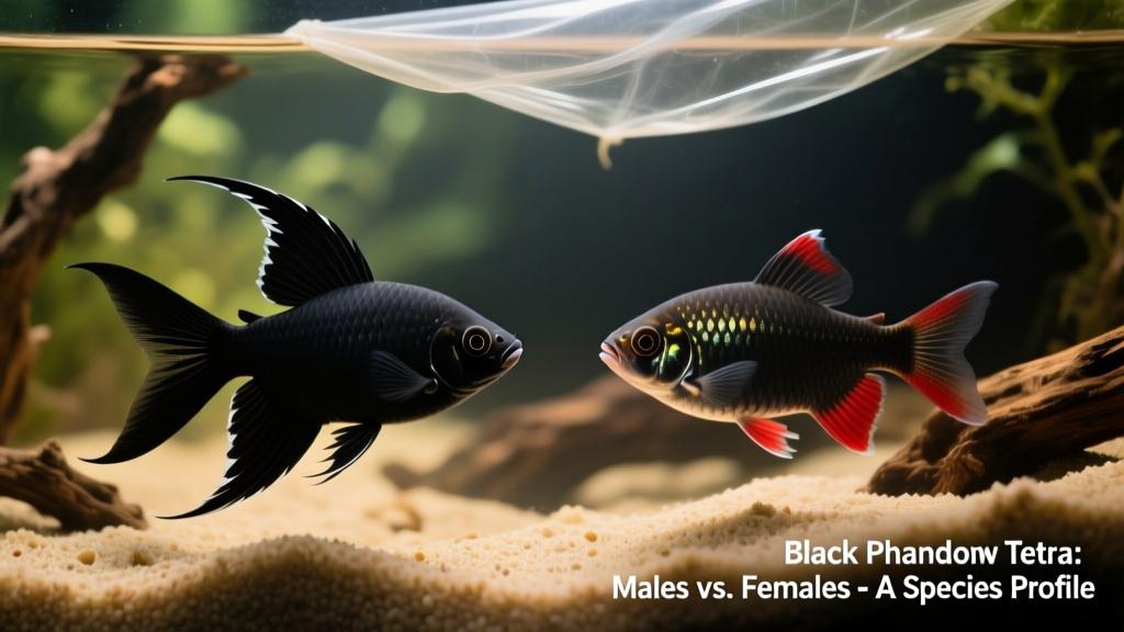 Side-by-side comparison of male and female black phantom tetras, showing male’s elongated black-edged fins versus female’s deeper body and reddish fin tips