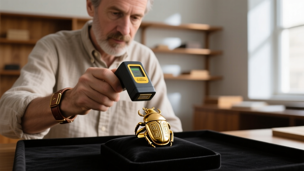 Antiquities expert using a handheld XRF analyzer to test the elemental composition of a gold scarab ring on a black velvet pad.