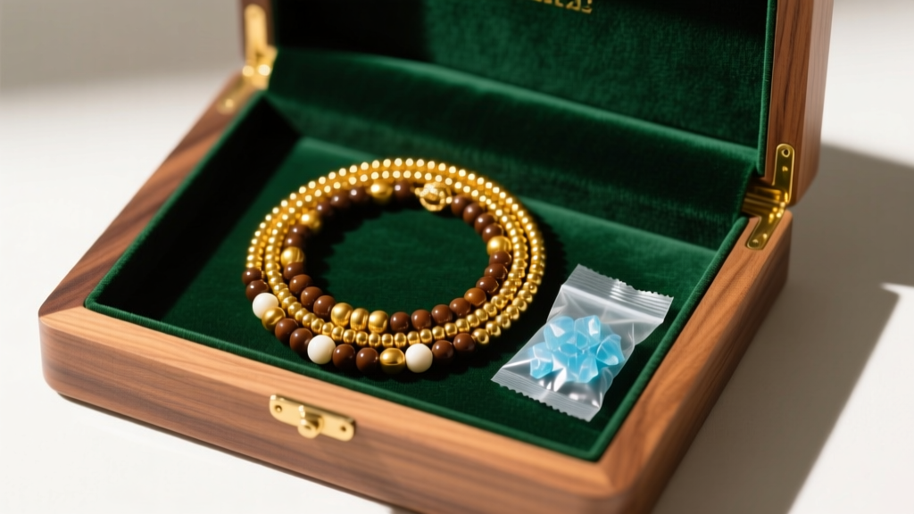 Cedar box with silica packets and a coiled Jamaican gold and seed bead necklace resting gracefully on a dark green velvet liner.