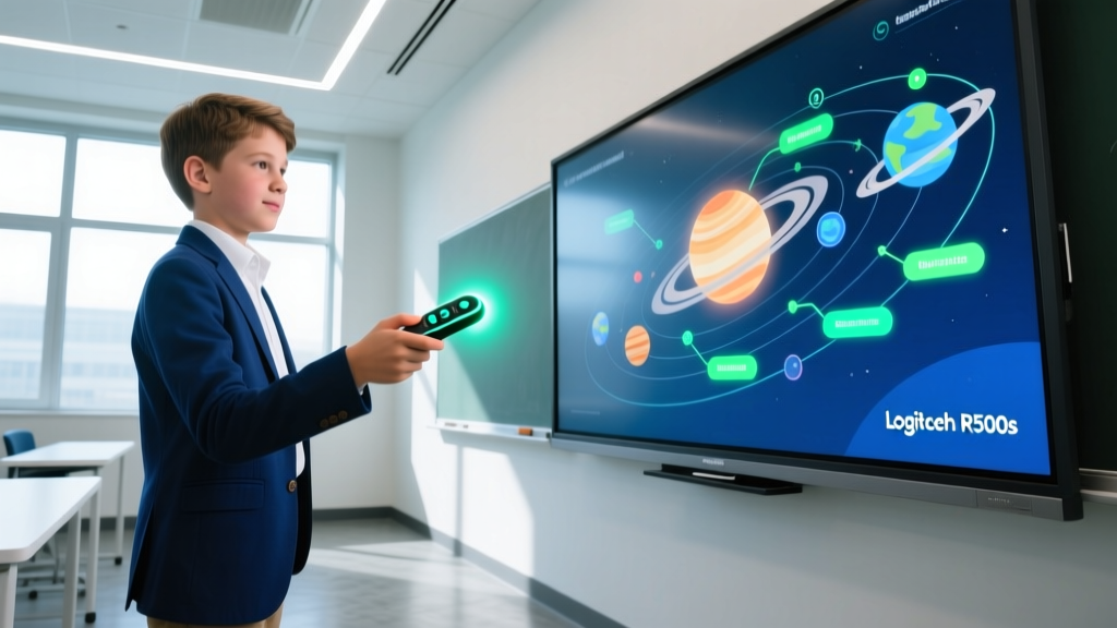 Middle school science teacher clicking Logitech R500s presentation remote while pointing at smartboard in brightly lit classroom