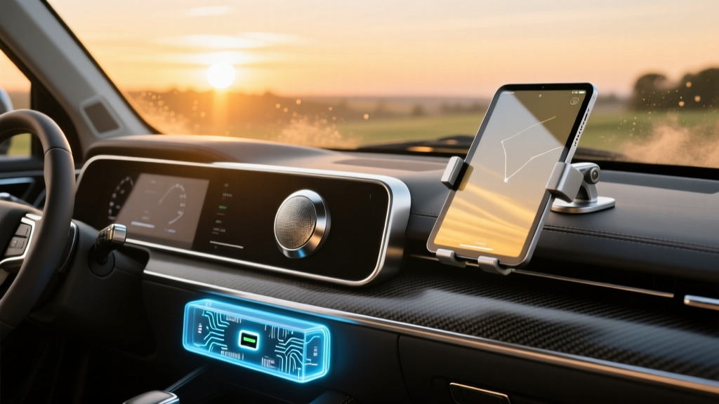 A fully customized 2026 golf cart dashboard featuring a magnetic GPS speaker, a digital tablet mount, and a glowing USB-C charging hub at sunrise