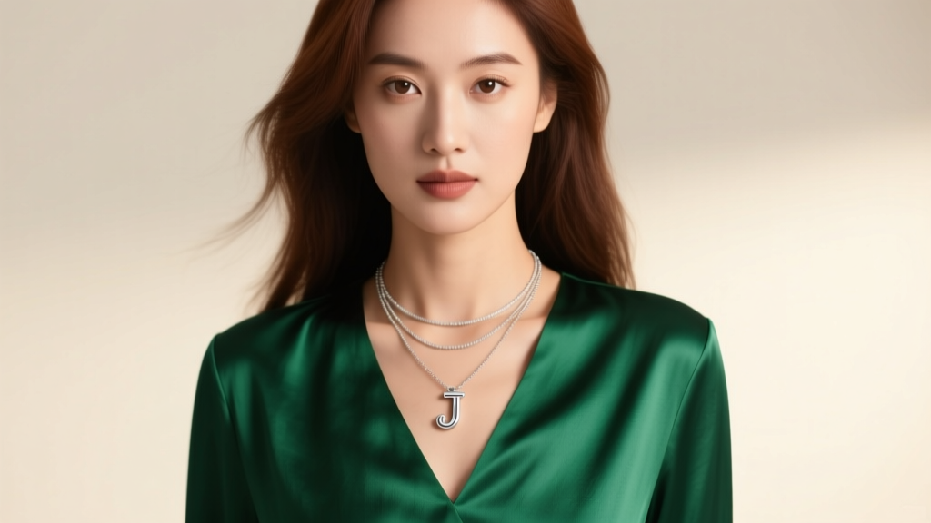 Woman wearing a layered stack with a delicate letter J pendant over a green silk V-neck blouse, under soft studio lighting setup.