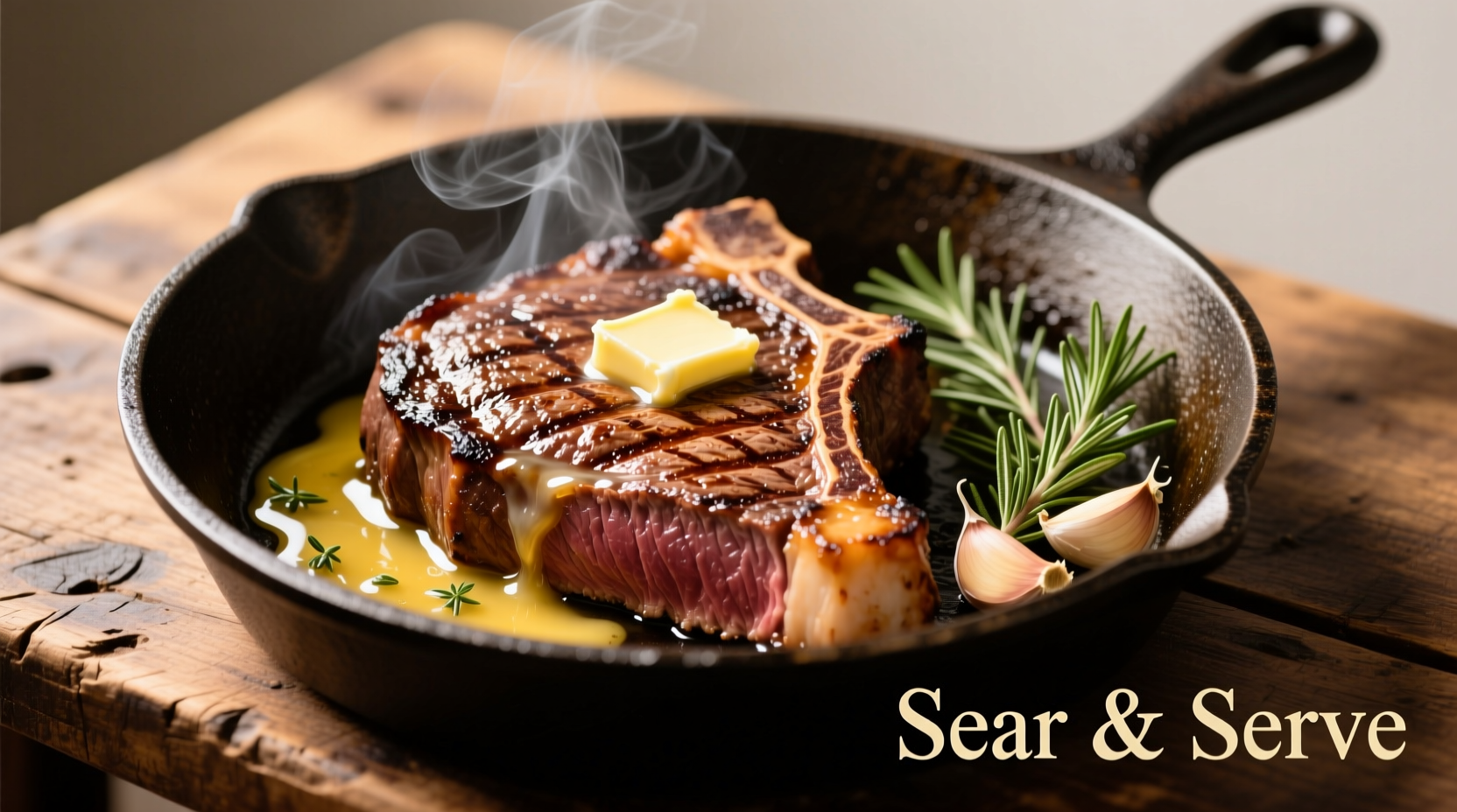 Perfectly seared steak in cast iron skillet with butter and herbs