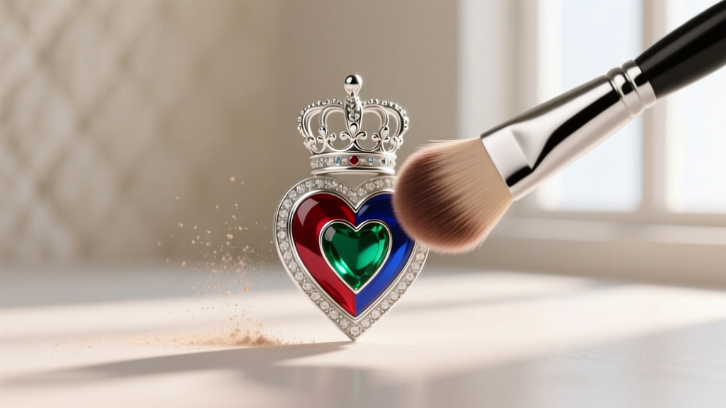 Soft makeup brush gently sweeping dust off a silver queen of hearts pendant, revealing intricate crown and heart enamel details.
