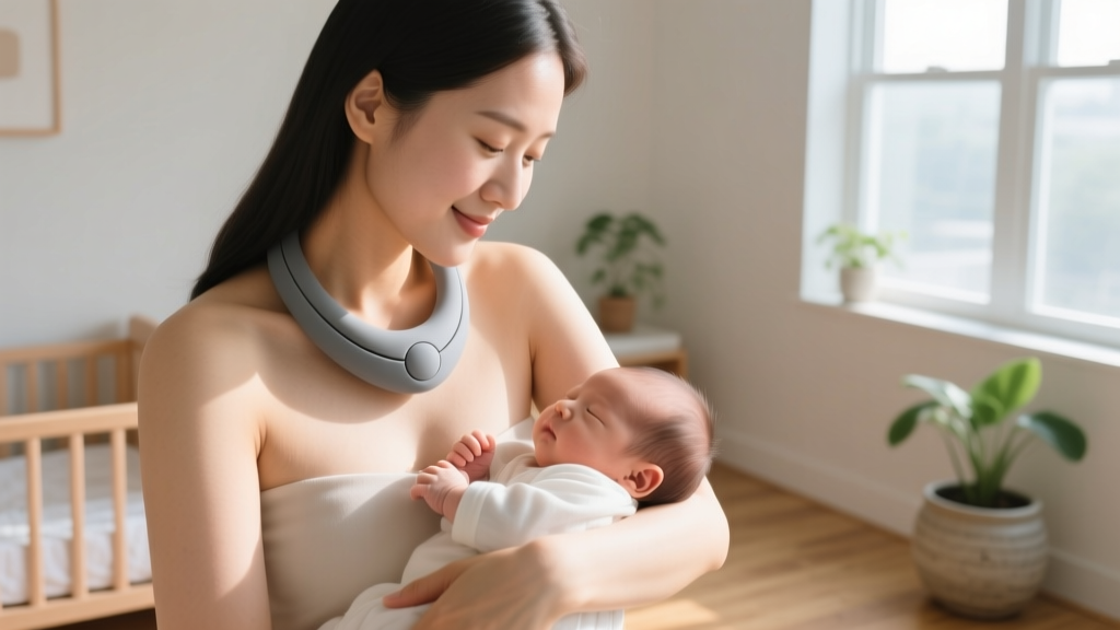 Mother wearing a chunky matte grey silicone nursing necklace while safely holding her baby, bright natural daylight setting