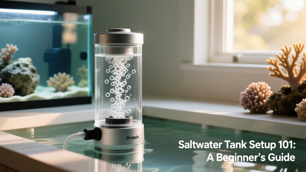 Compact protein skimmer connected to a saltwater aquarium sump, showing bubbles rising through the reaction chamber