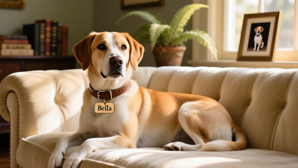 A relaxed, smiling dog lounging on a cozy sofa, wearing a simple collar—showcasing the contrast between show-ring formality and home-life warmth