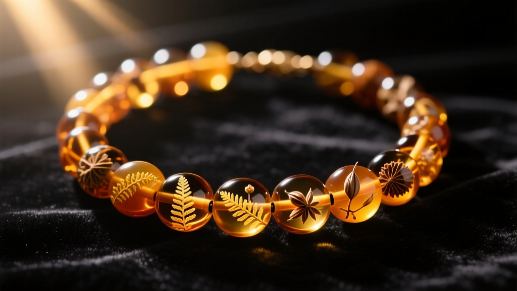 Close-up of a cognac amber bead necklace on dark velvet, highlighting internal botanical inclusions and warm sunlight refraction.