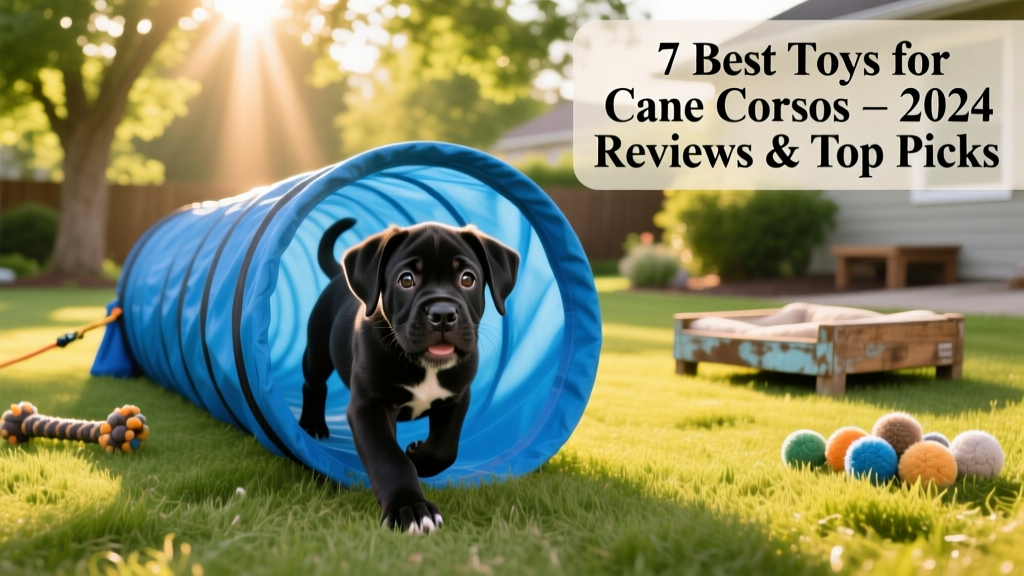 Cane Corso puppy happily crawling through a bright blue agility tunnel in a sunlit backyard